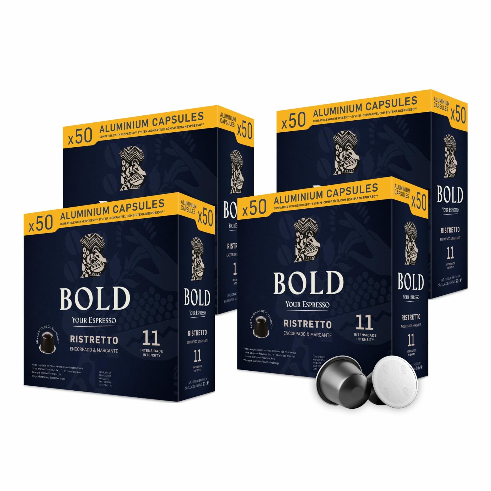 BOLD Cápsulas de Café Ristretto Compatibles con Nespresso, 200 Cápsulas de Aluminio, Intensidad 11, Café Espresso Intenso y Cremoso