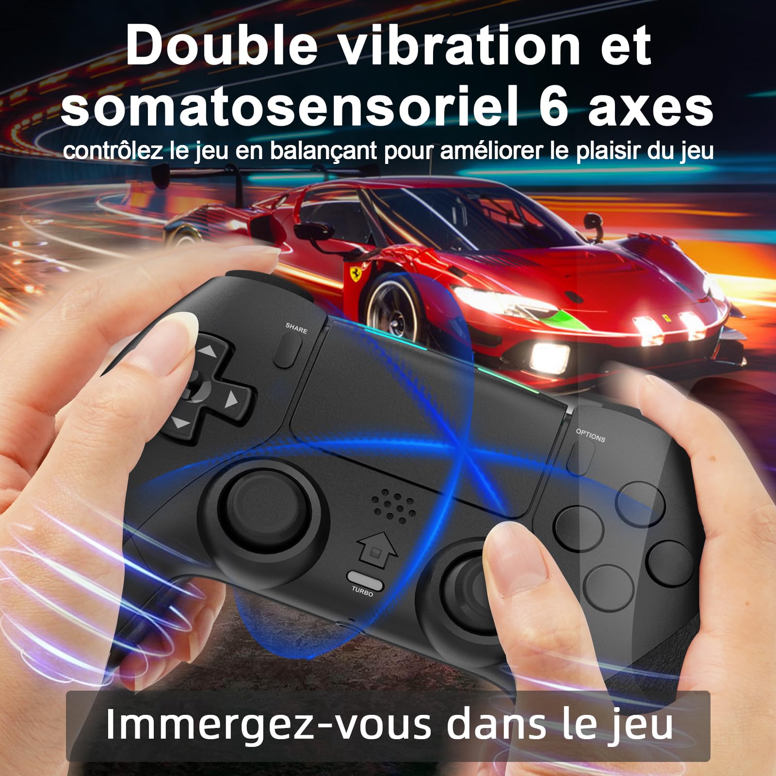 Shiptree Manette pour PS-4, Manette Sans Fil Controller Compatible avec P4/P4 Pro/Slim, Gamepad P4 avec Turbo/Gyroscope à 6 Axes/Boutons Programmables/Double Vibration/Pavé Tactile - Noir