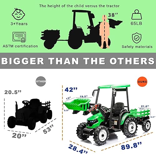 Miniatura 6 de Tractor de conducción para niños de 24 V, tractor de equitación 3 en 1 con remolque y cargador frontal, Power Wheels 24 V, juguetes para niños y