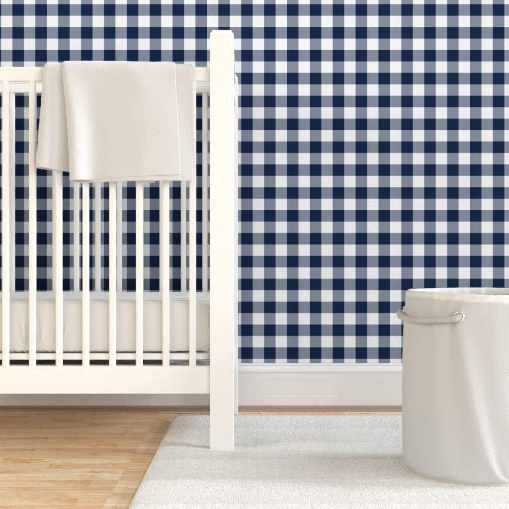 Spoonflower Removable Wallpaper 12ft x 2ft - Navy White Gingham Check Blue Buffalo Plaid Gender Neutral Kitchen Custom Pre-Pasted Wallpaper