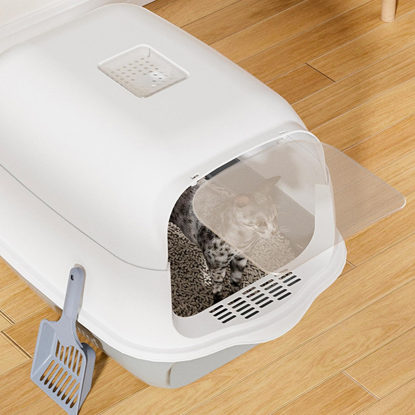 Enclosed Katzenstreu Toilette mit Abgedecktem Katzenklo Faltbarem Katzenstreu Tray Toilettenwanne mit Rahmen Und Schaufel Ausgestattet Geruchsdichte F, grau