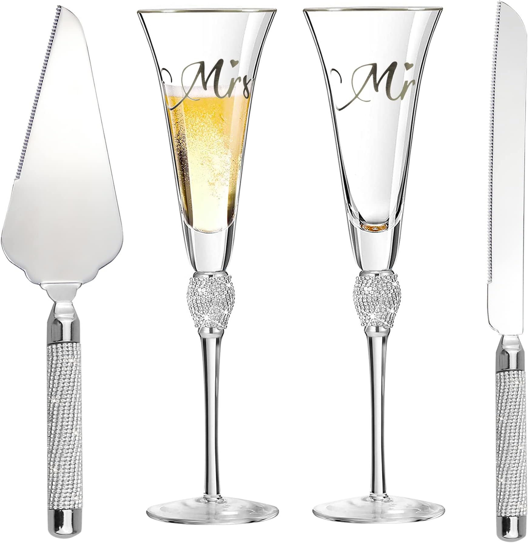 SEMONONIA 4 Piece Wedding Toasting Flutes and Cake Server Set Champagne Glasses