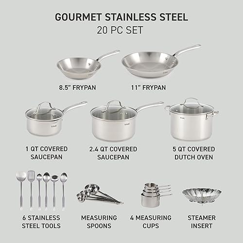Miniatura 2 de T-fal Juego de utensilios de cocina gourmet de acero inoxidable 20 piezas esenciales de cocina, compatibles con inducción, aptos para lavavajillas,