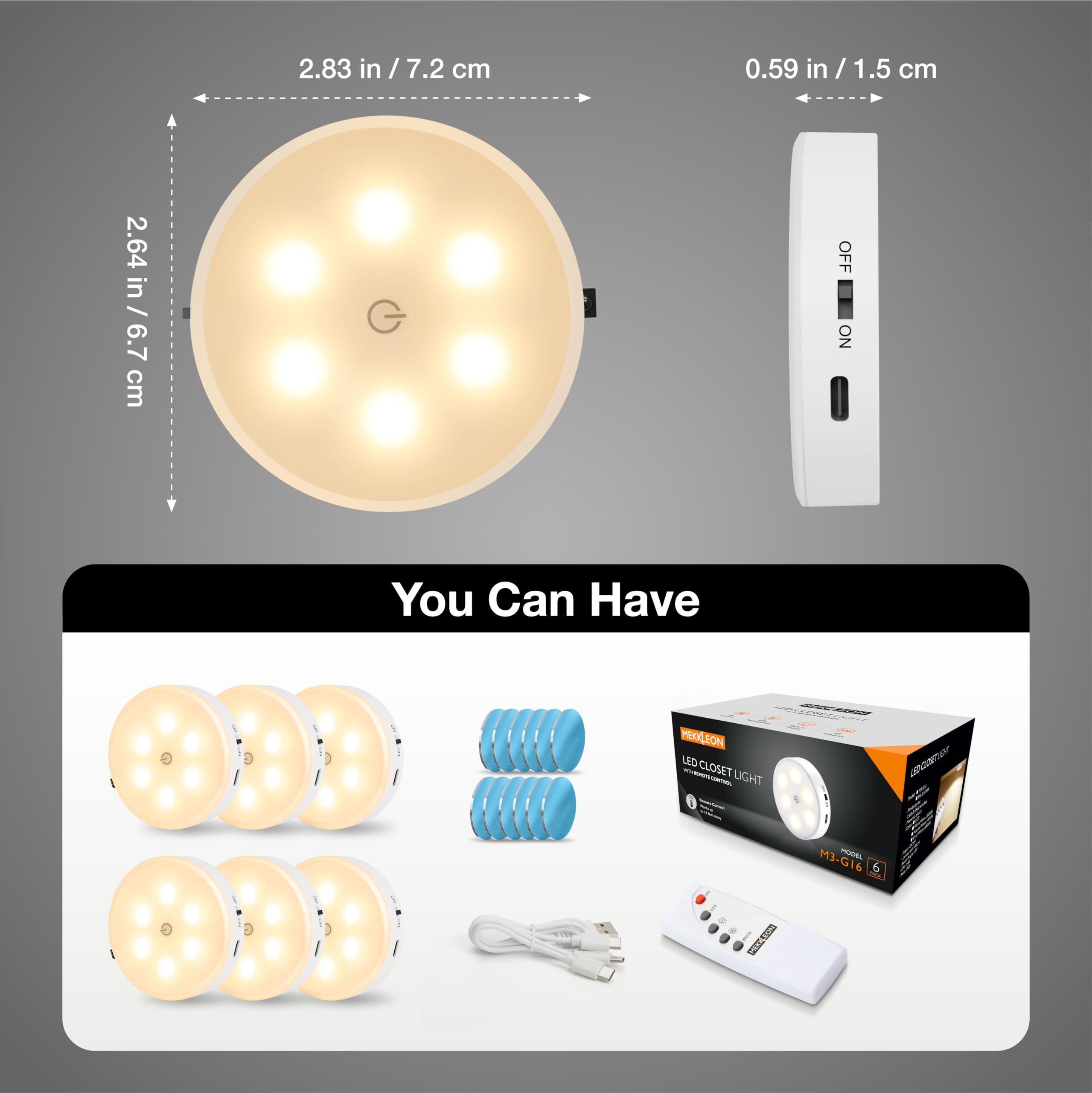 Luz LED inalámbrica con control remoto, 3 temperaturas de color regulables debajo del gabinete, luz de armario, iluminación recargable debajo del mostrador, luces adhesivas para bar, pasillo