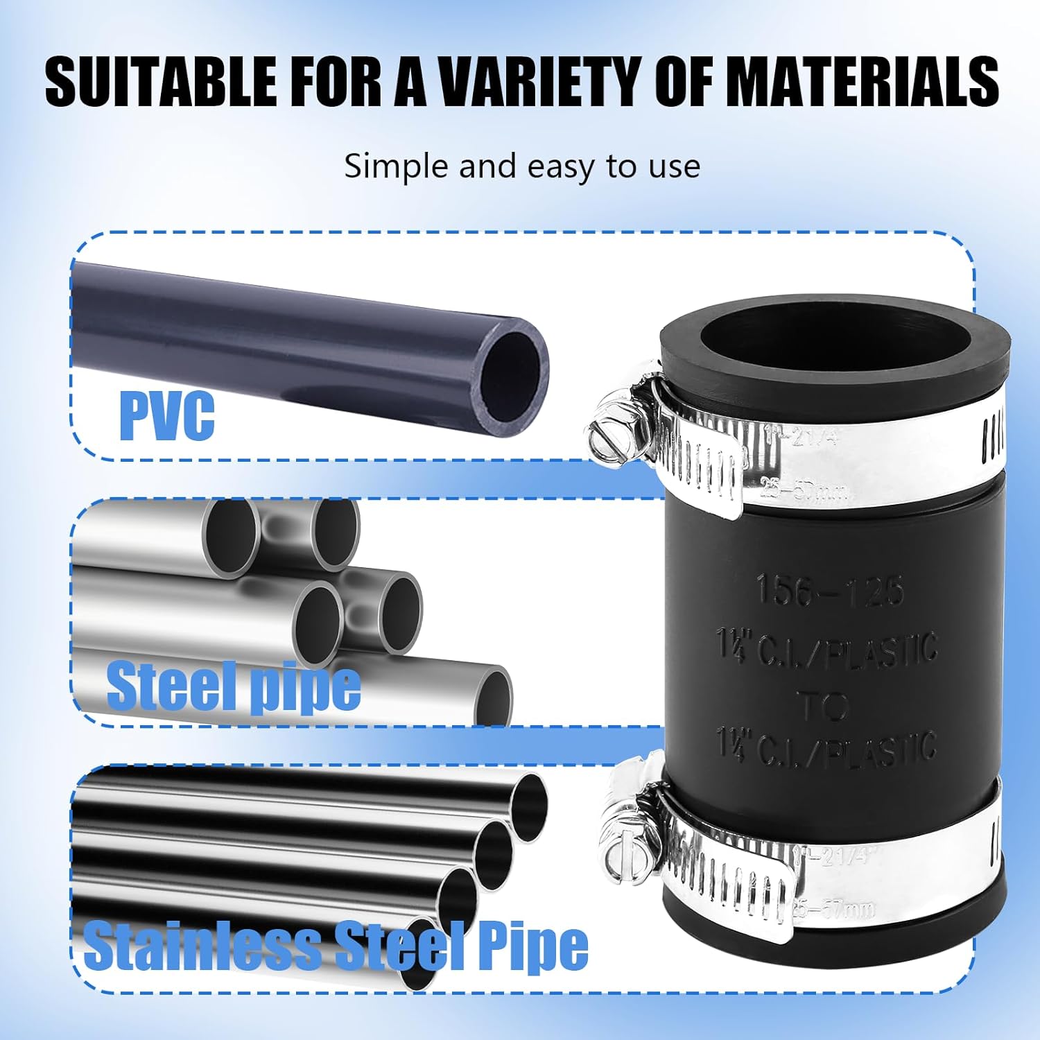 3 Pcs 1 1/4" Flexible Pvc Pipe Coupling with Stainless Steel Clamp, Flexible Fitting for Connecting Cast Iron, Plastic and Copper Pipes, for Sewer and Drain Connections(Black)