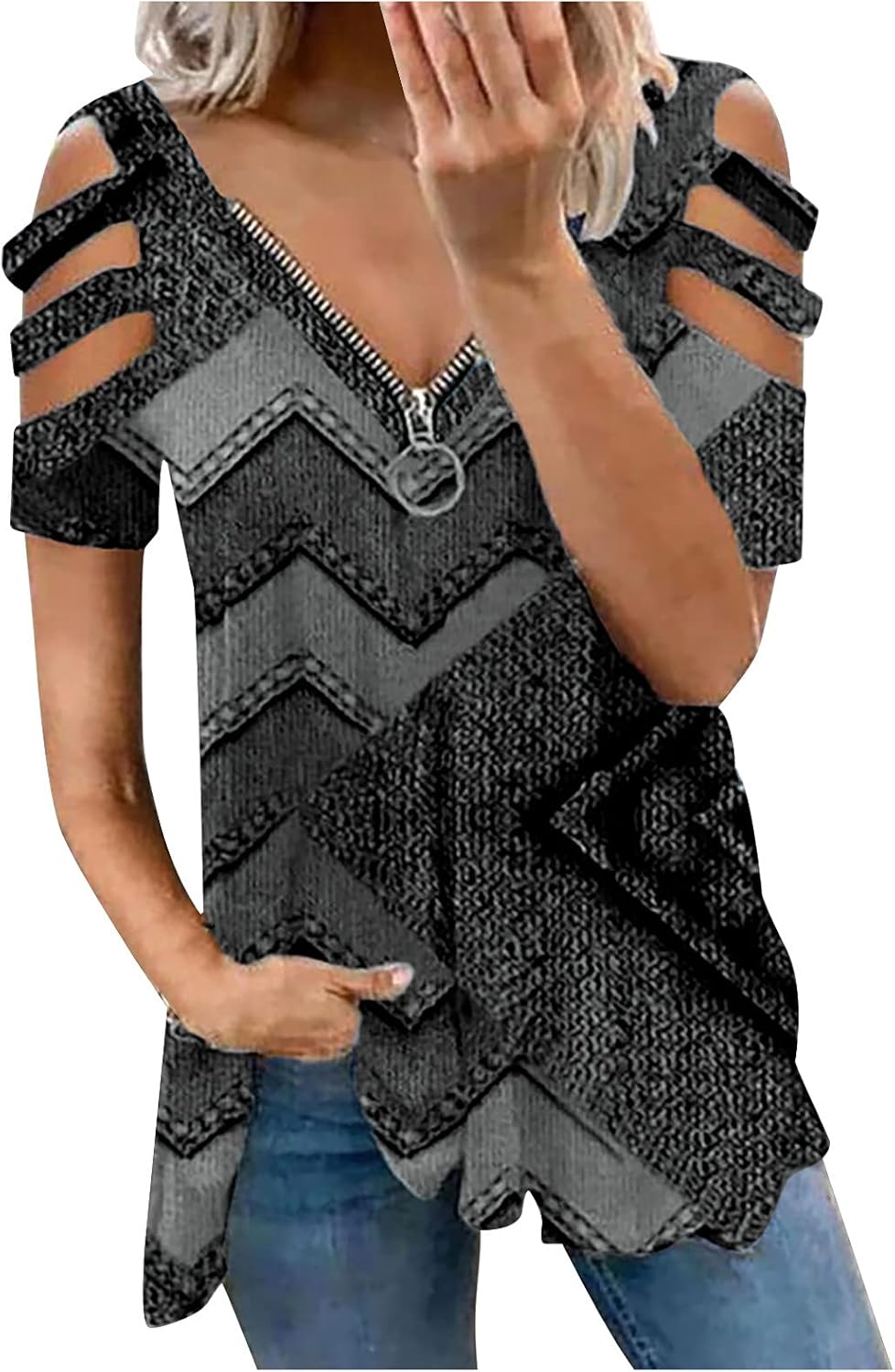 Womens Summer Tops Summer Women's Zipper Retro Printing VNeck Loose