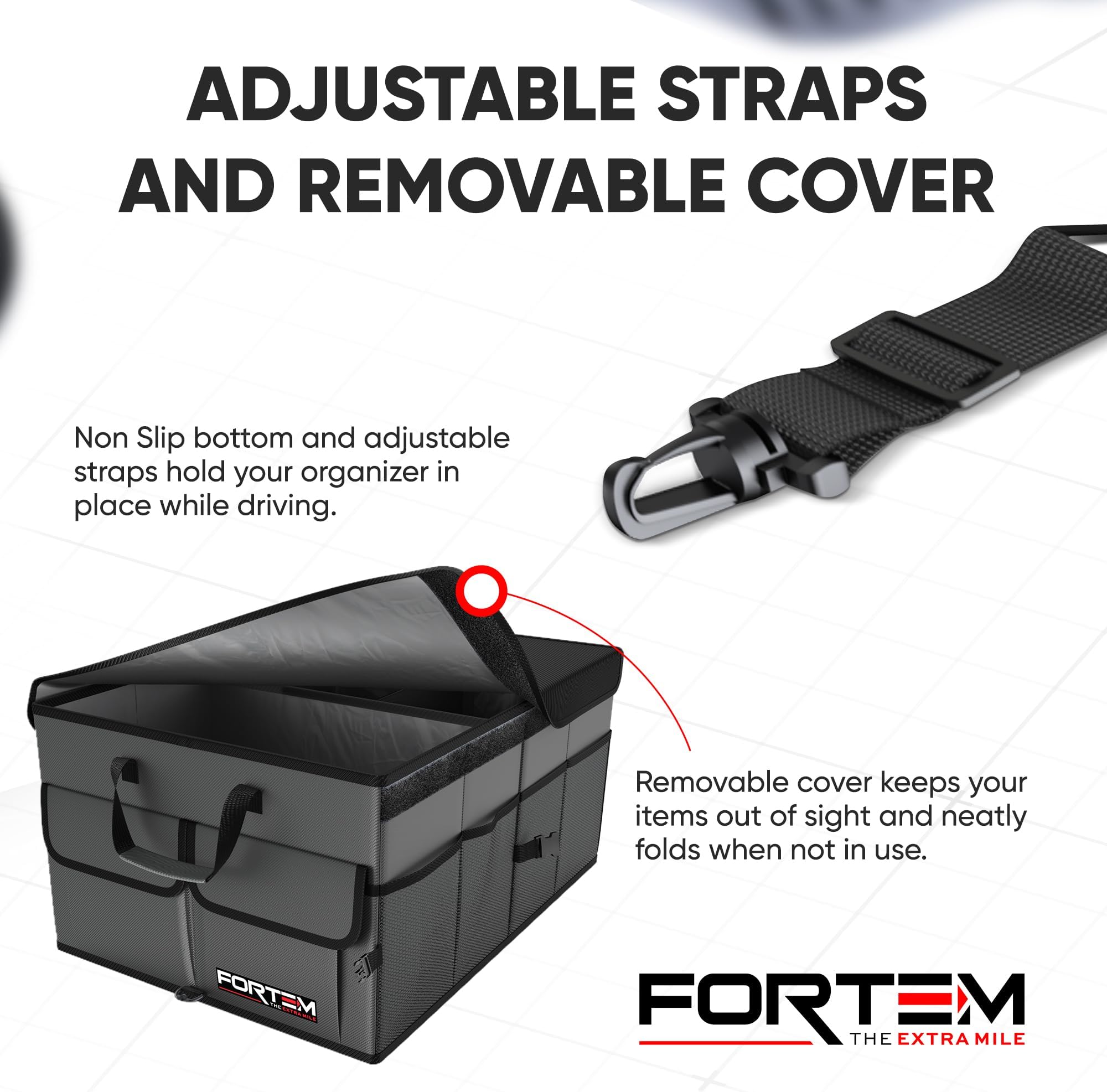 Fortem Car Trunk Organizer, Car Storage Organizer, Collapsible Multi Compartment Car Organizer, SUV Trunk Organizer, Non Slip Bottom, Adjustable Securing Straps, Foldable Cover (Grey)