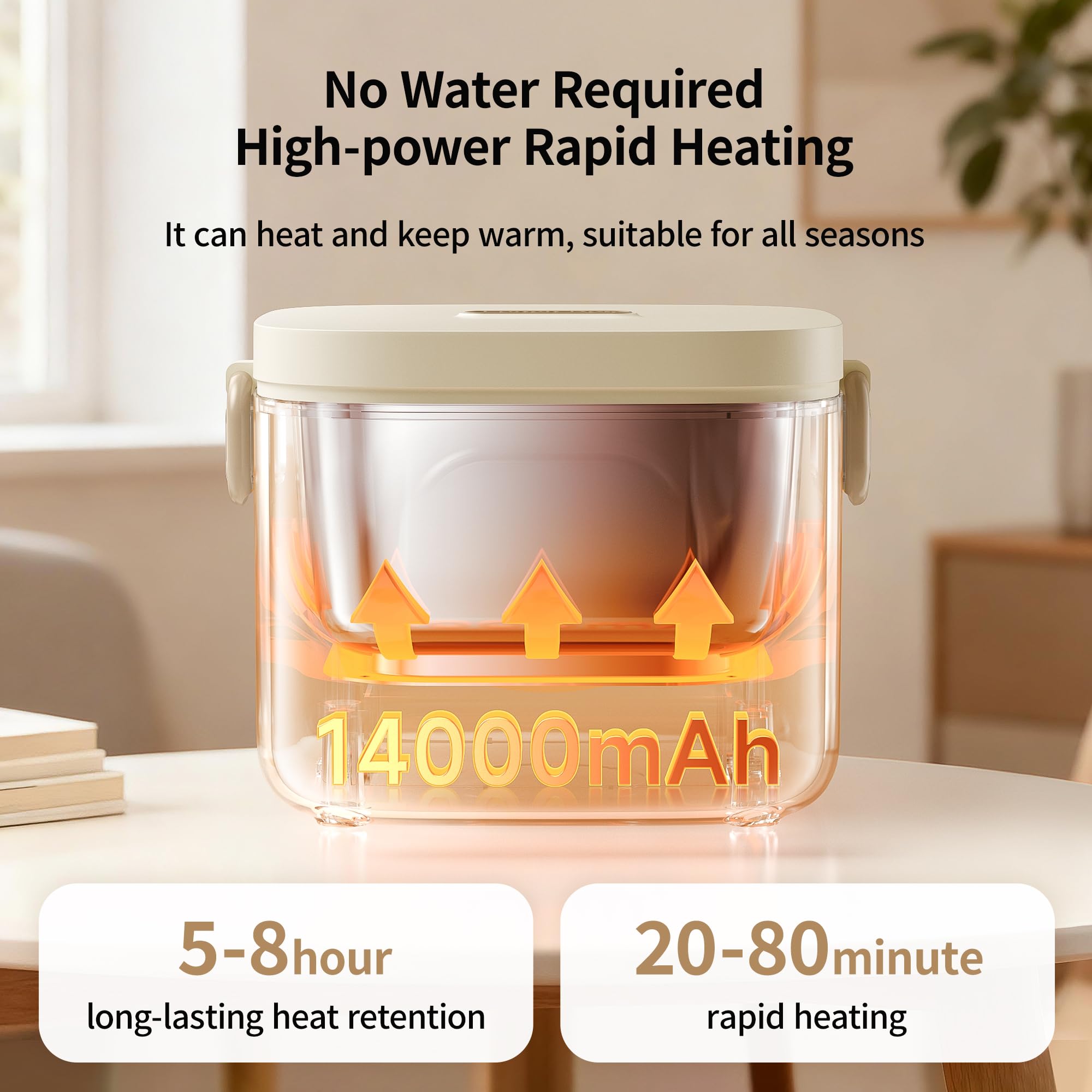 Fiambrera eléctrica, batería de 14000 mAh, inalámbrica, con temporizador y 5 niveles de temperatura, 800 ml para adultos y niños, caja de almuerzo recargable para coche, escuela, oficina, viajes