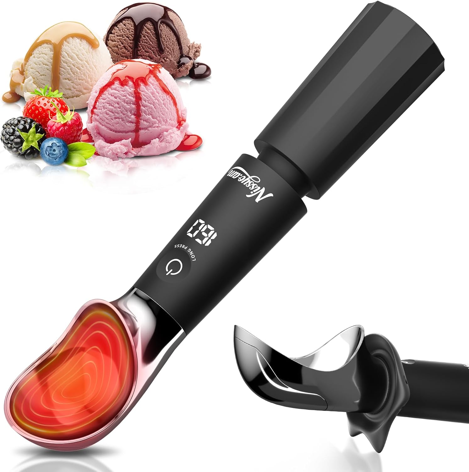 Heated Ice Cream Scoop Rechargeable, Electric Ice Cream Scooper with Removable Battery &Drip-Proof Stand, OneTouch 3 Fast Heating Levels, IP68 Waterproof, Food-Grade Metal for Hard Ice Cream