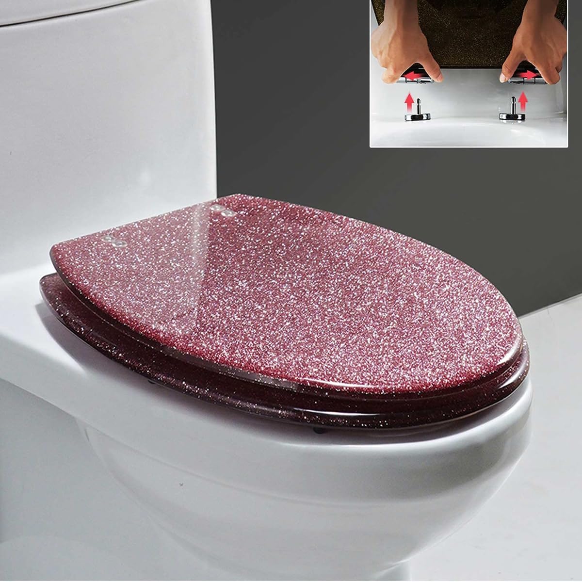Sparkly Resin Elongated Toilet seat, Quiet Close Hinges for Easy Clean, Adjustable, Lightweight, Durable, Portable, User-Friendly, Compact, Pink, Slow