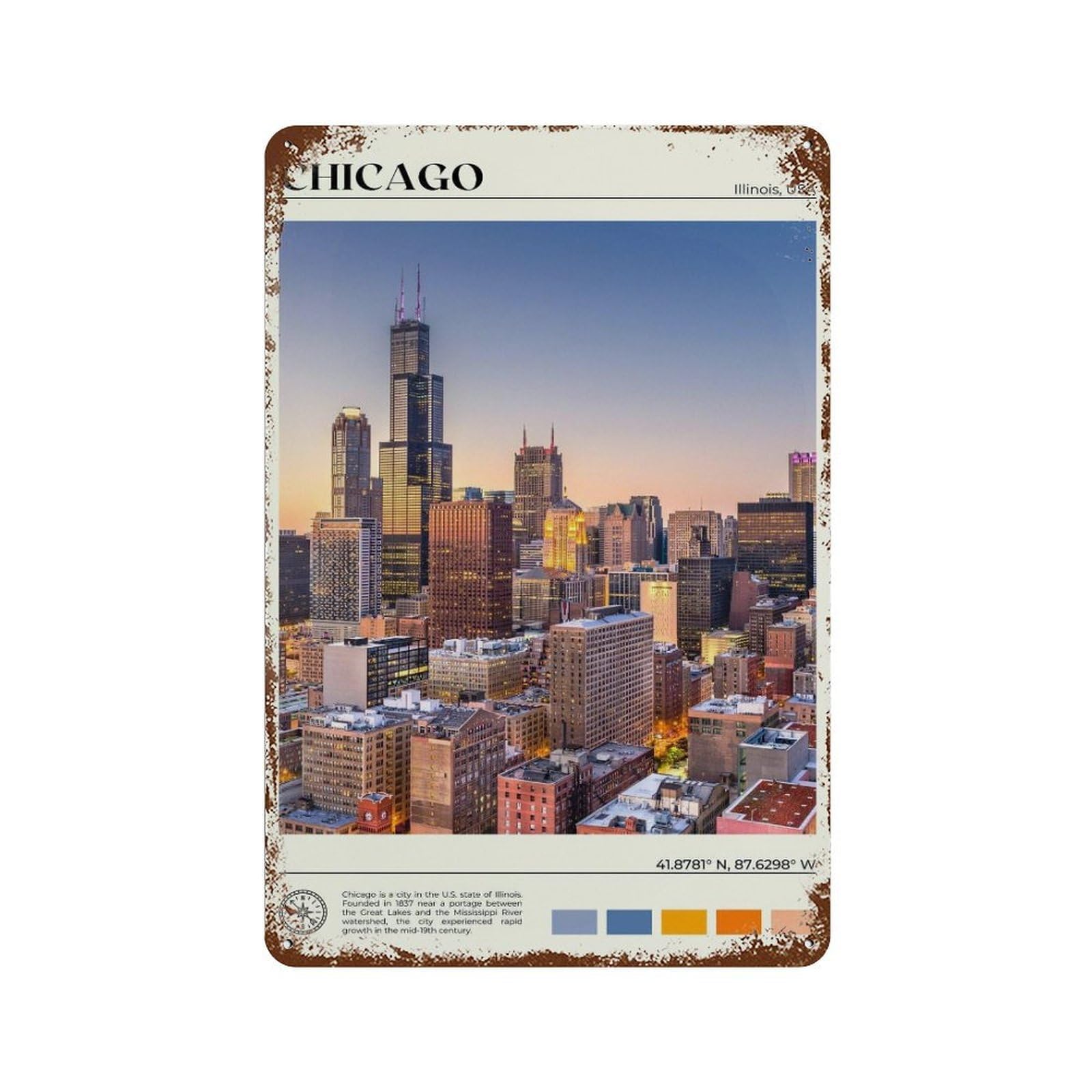 xiaoxiaoshen Real Photo Chicago Decor Illinois Wall Decor Art Metal Tin Poster Modern Home Decor Art Home Bar Shop Decorations Vintage Sign 30x20cm
