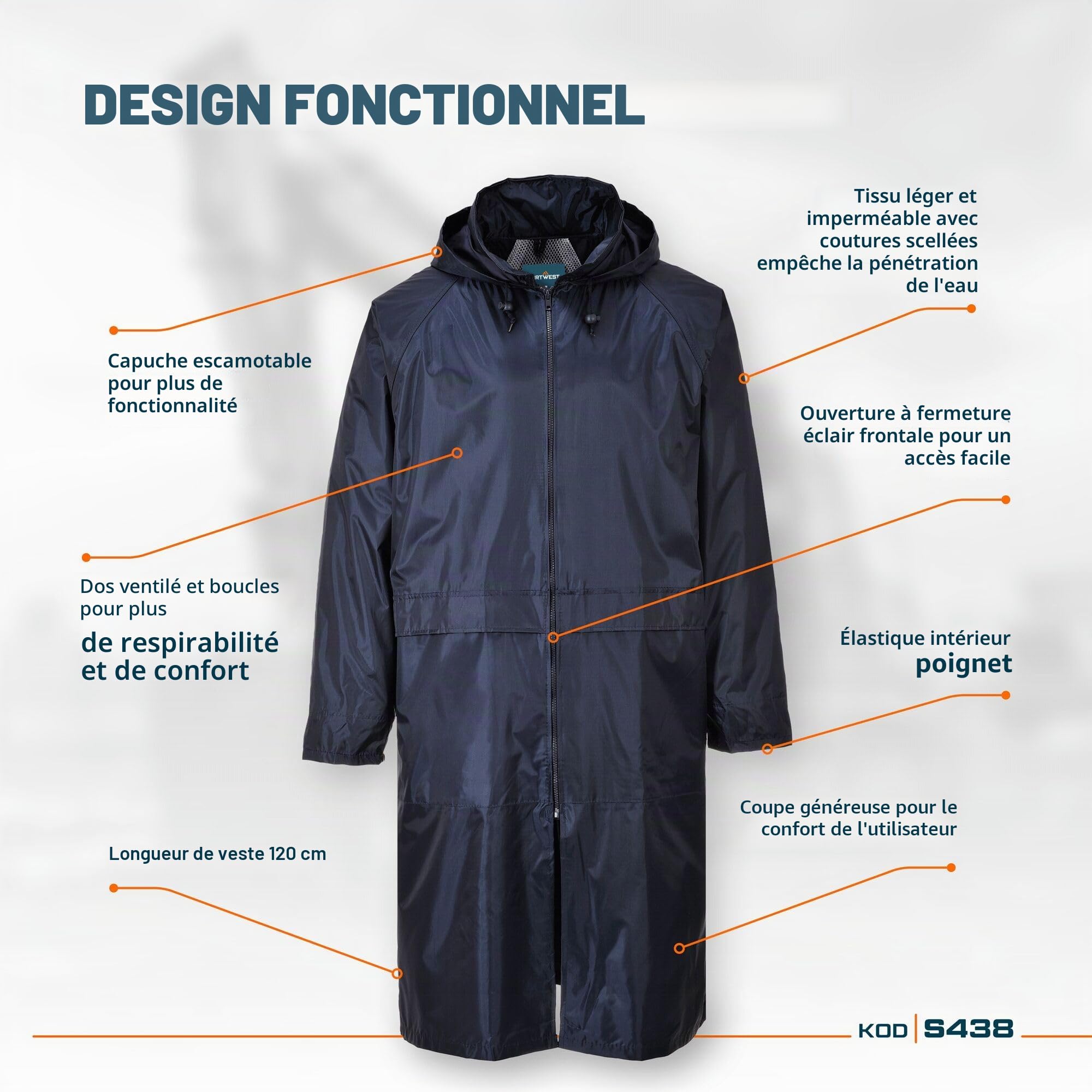 Portwest Manteau de pluie, Couleur: Marine, Taille: XXL, S438NARXXL