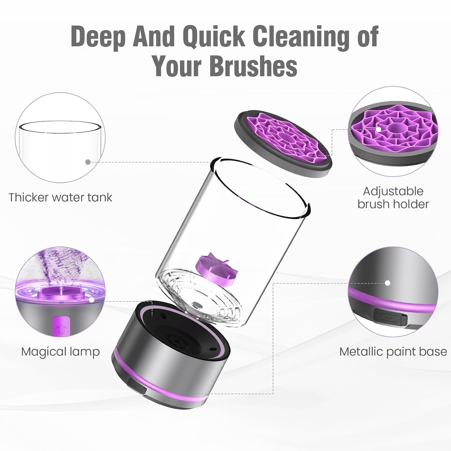 Makeup Brush Cleaner machine, 2 in 1 Makeup Brush Cleanser & Washer, 7000 RPM High-Speed Deep Cleaning, Portable Automatic Cosmetic Brush Cleaner for Foundation Brush Sponge, Purple - Image 5