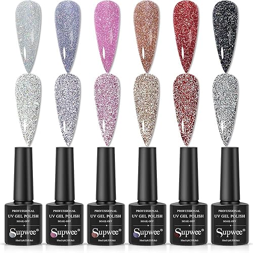 SUPWEE Esmalte de uñas de gel reflectante con purpurina holográfica brillante reflectante Flash Diamond Disco Gel UV LED Soak Off Gel 6 colores