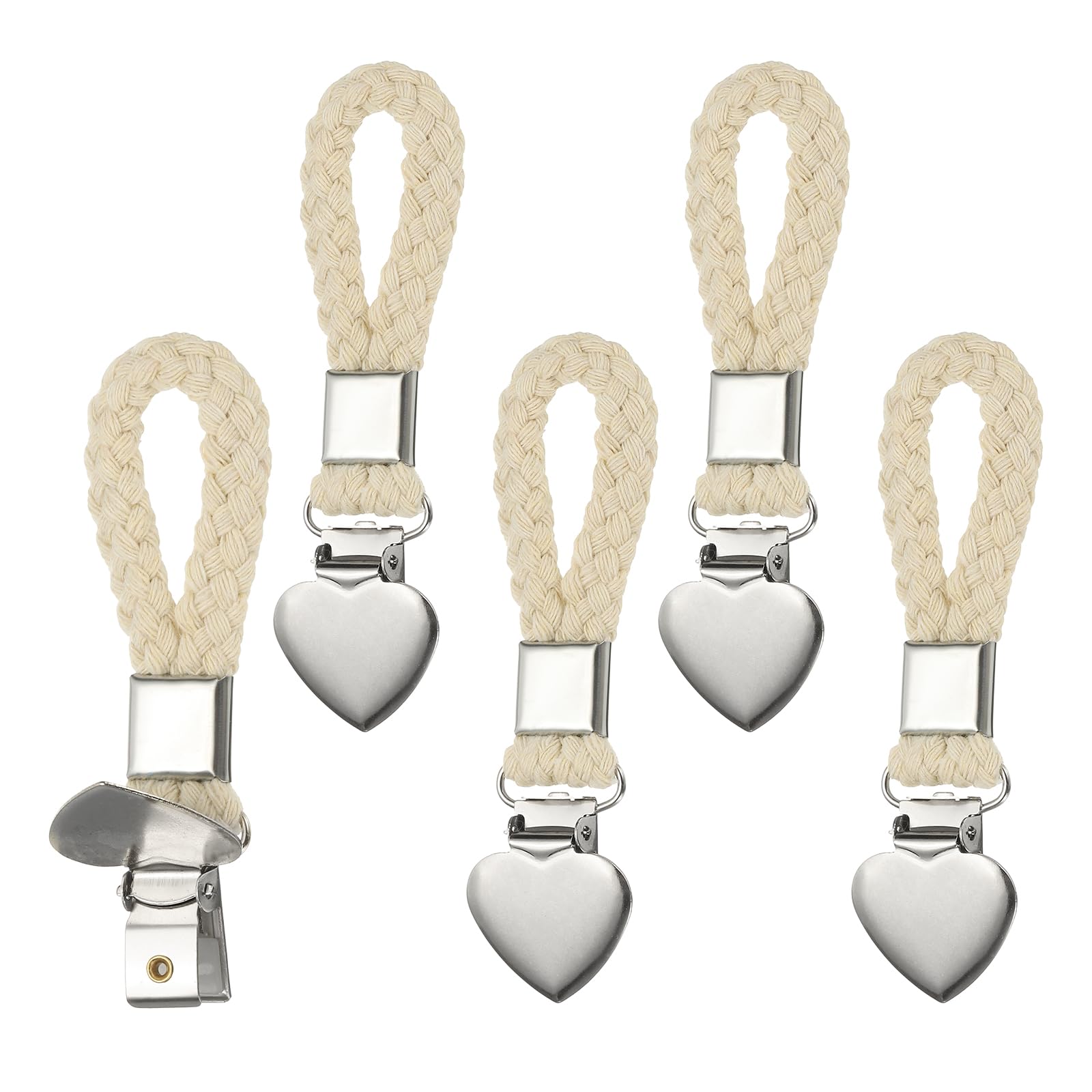 PATIKIL 5 Pcs Hanging Tea Towel Clips, 1.2" Width Braided Cotton Loop Towel Clip with Silver Metal Clamp for Kitchen Bathroom RVs Camping Hanging Organize Tool, Beige