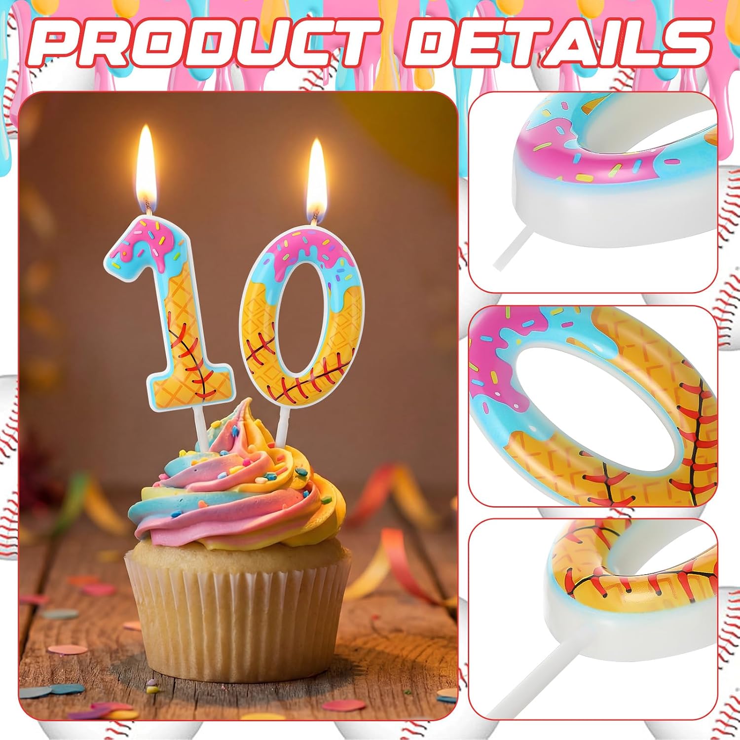 Conelist 10th Baseball Ice Cream Drip Birthday Number Candles,2 Pcs