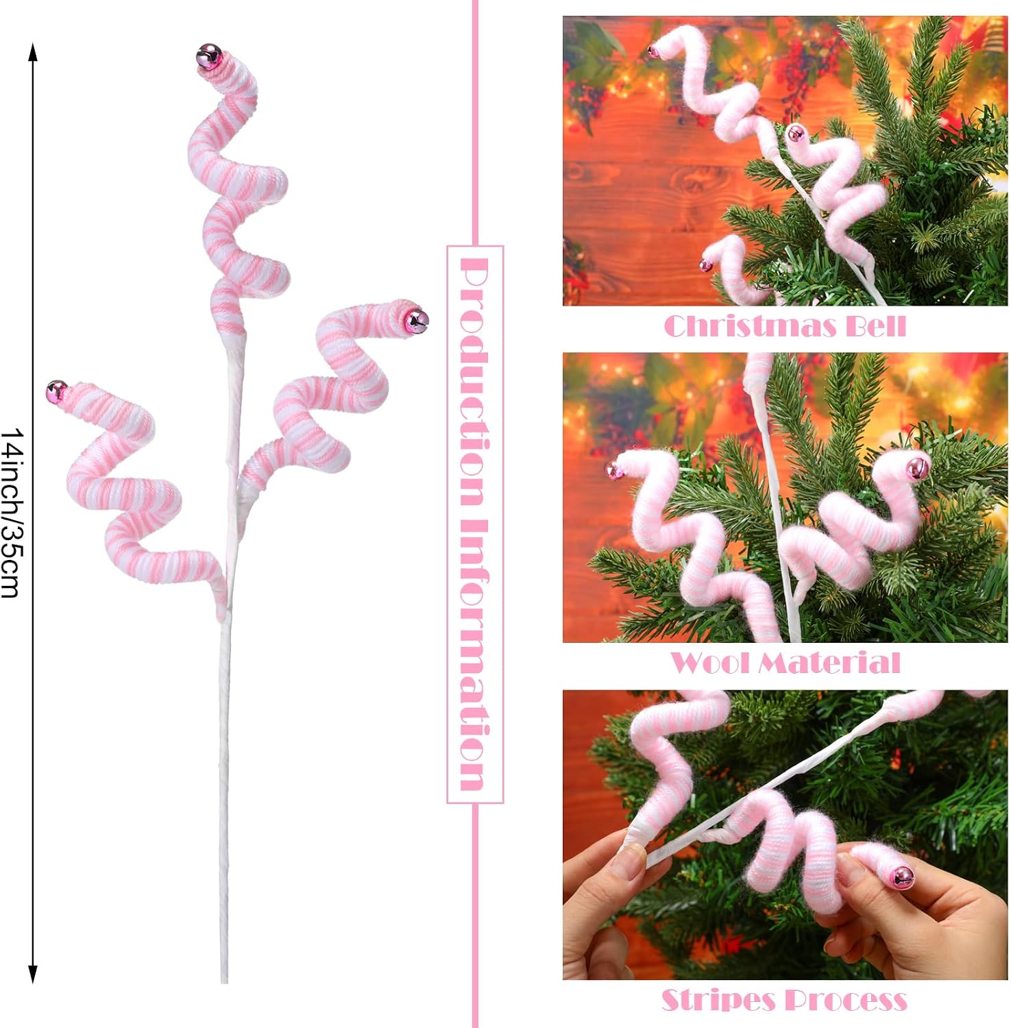 Kathfly 6 Pcs Christmas Tree Picks Decor Woolen Bells Curly Picks Christmas Tree Ornaments Xmas Branches with Bells Xmas Hanging Decorations for Party DIY Home Crafts Gifts(Pink White)