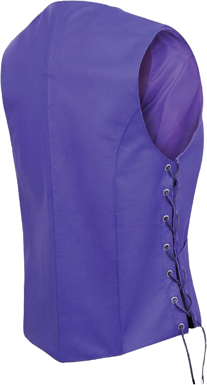 Purple Leather Women’s Motorcycle Vest – Snap Front, Side-Lace Adjustable Biker Waistcoat with Pockets, V-Neck Sleeveless