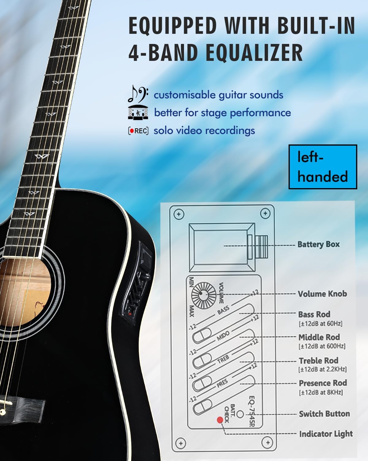 Winzz Electro-Acoustic Guitar for Adults, 4/4 Full Size Beginner Guitar Folk for Children over 12 years (Left Handed Black)