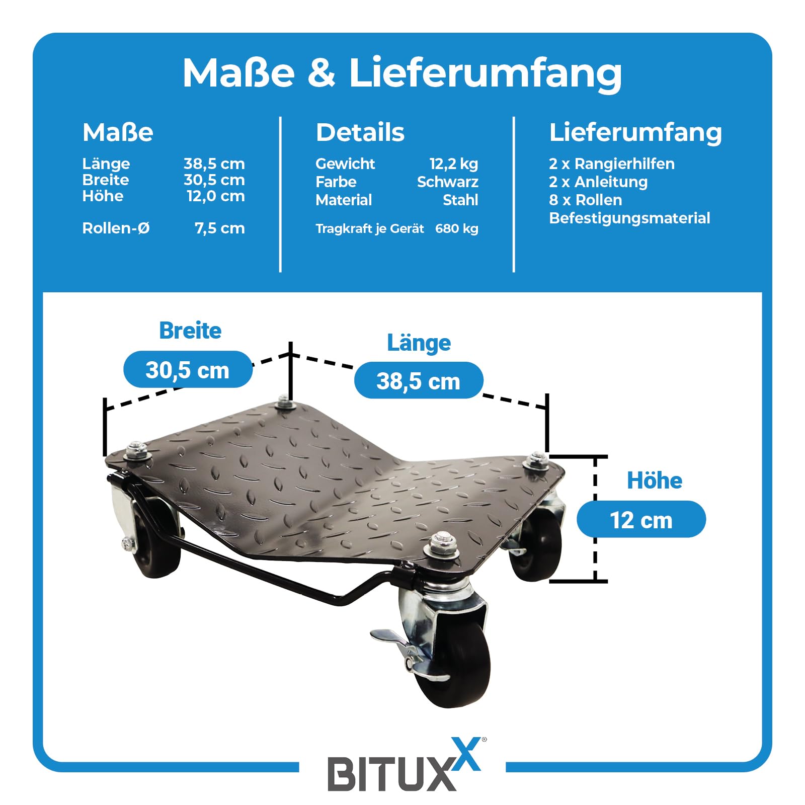 BITUXX 2 Stück Stahl Rangierhilfe für PKW Auto Rangierroller Rangierheber Wagenheber Roller Bis 680Kg Belastbar pro Rangierroller Schwarz