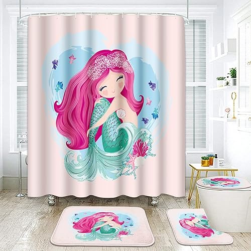 Miniatura 7 de Britimes Juego de cortinas de ducha de 4 piezas, con 12 ganchos, bonita sirena con alfombras antideslizantes, cubierta para tapa de inodoro y tapete