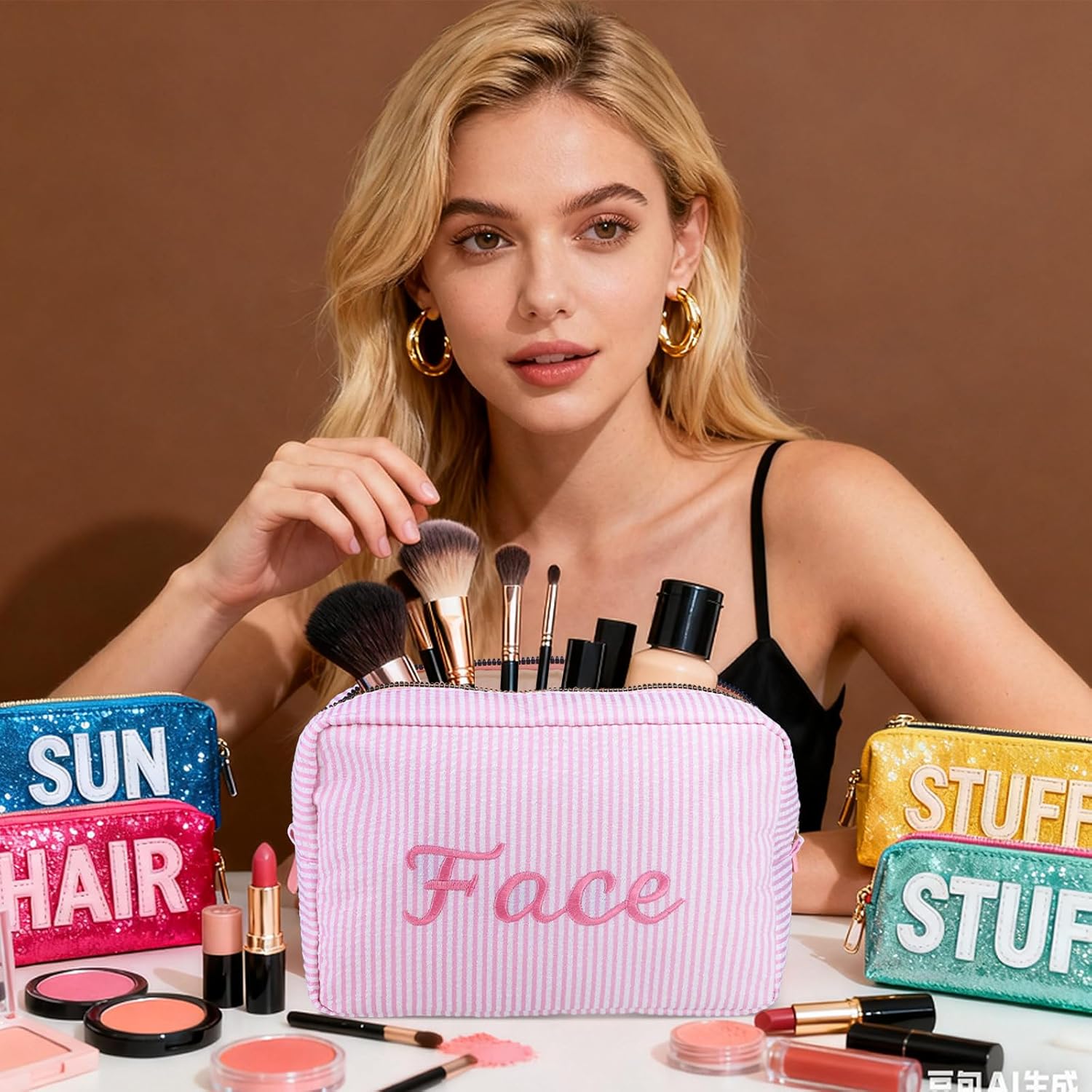4 Pcs Large Seersucker Cosmetic Bag Mother's Day Gifts for Women Embroidered Letters Preppy Makeup Bag with Zipper Aesthetic Striped Travel Toiletry Pouch for Cosmetics Brushes Skincare - Image 5