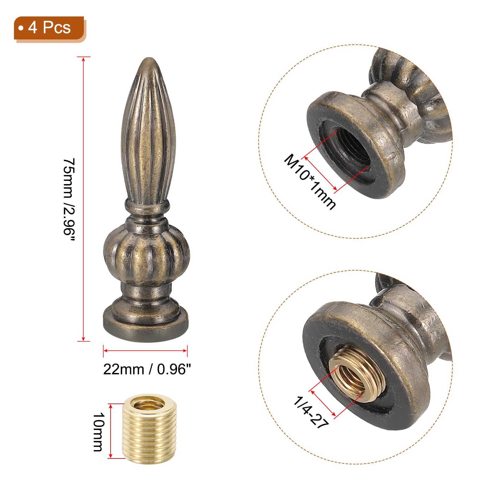 PATIKIL Remate De 25x80mm 4 Piezas Remates De Lámpara Tapones Perilla Roscados M10x1mm Aleación Sólida Decoración De Remate Para Lámparas De Mesa O De Pie Bronce