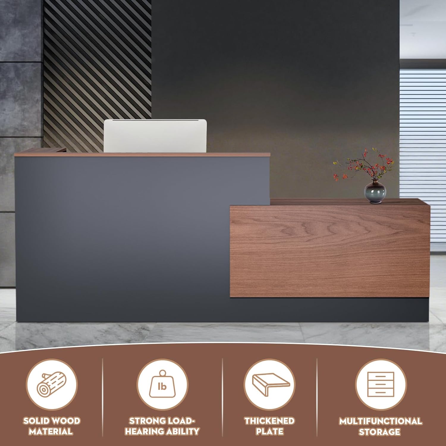 L-Shaped Modern Reception Desk with Counter & Storage - 84" Large Office Front Desk, Salon Checkout Counter with Lockable Cabinets, Shelves (Brown & Black, Left - 84''L x 34''W x 41''H)