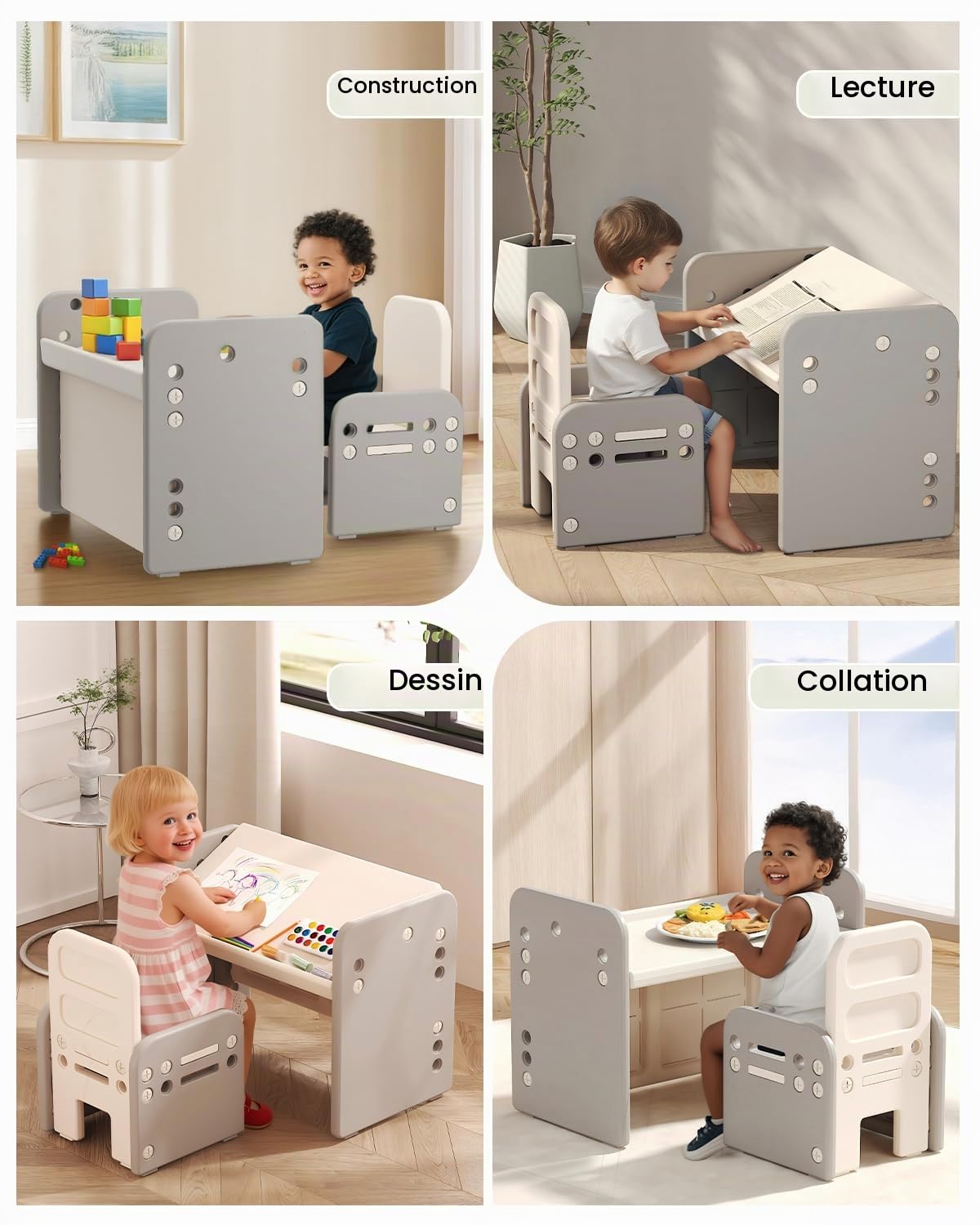 Table et Chaise pour Enfants, Table d’Activités avec Plateau Incliné pour Dessiner, Lire, Écrire et Jouer(Gris)