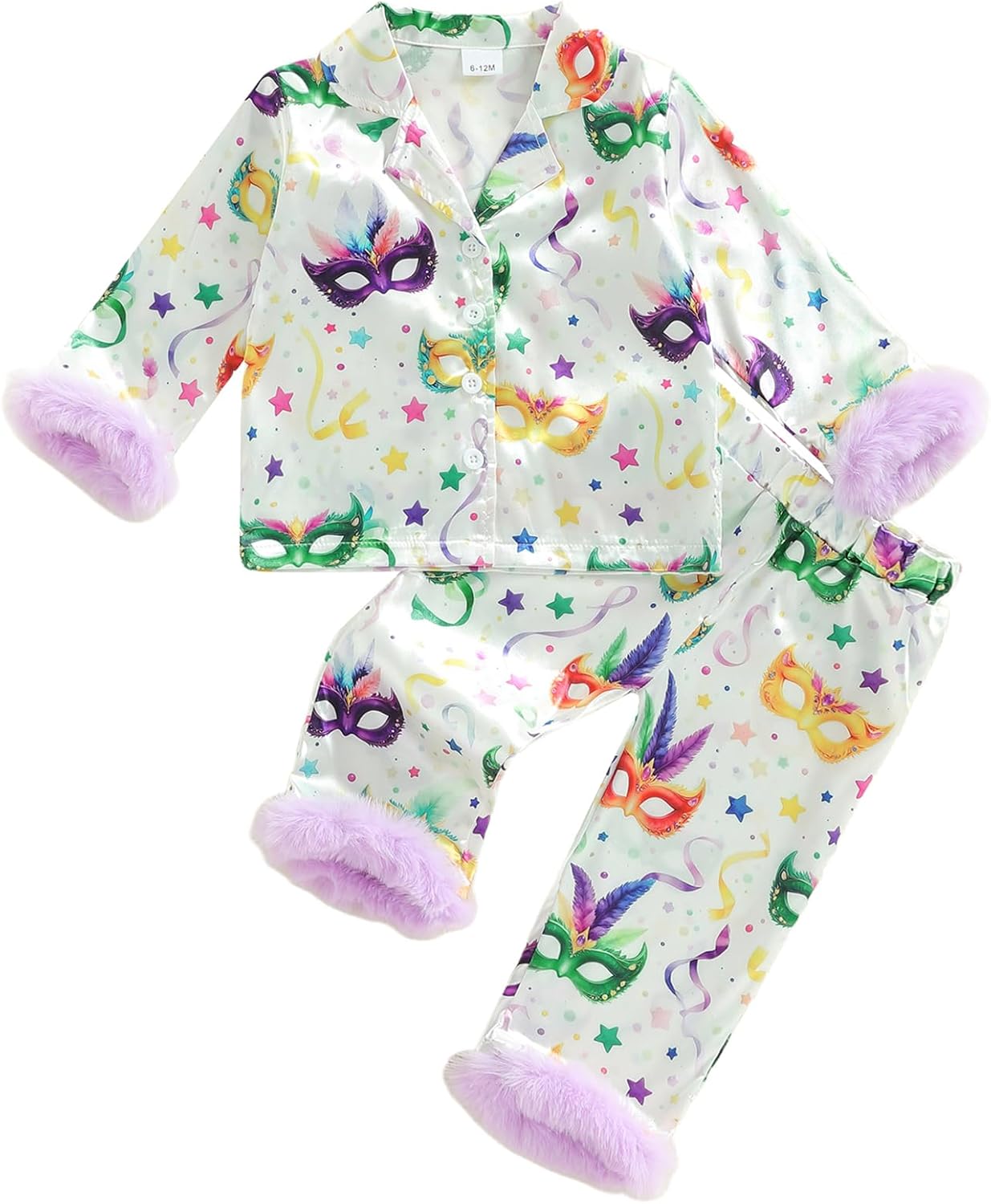 Kayotuas Kids Mardi Gras Pajamas Toddler Girl Satin Pajama Set Masquerade Face Bows Print Feather Trim Shirt Pants Sleepwear