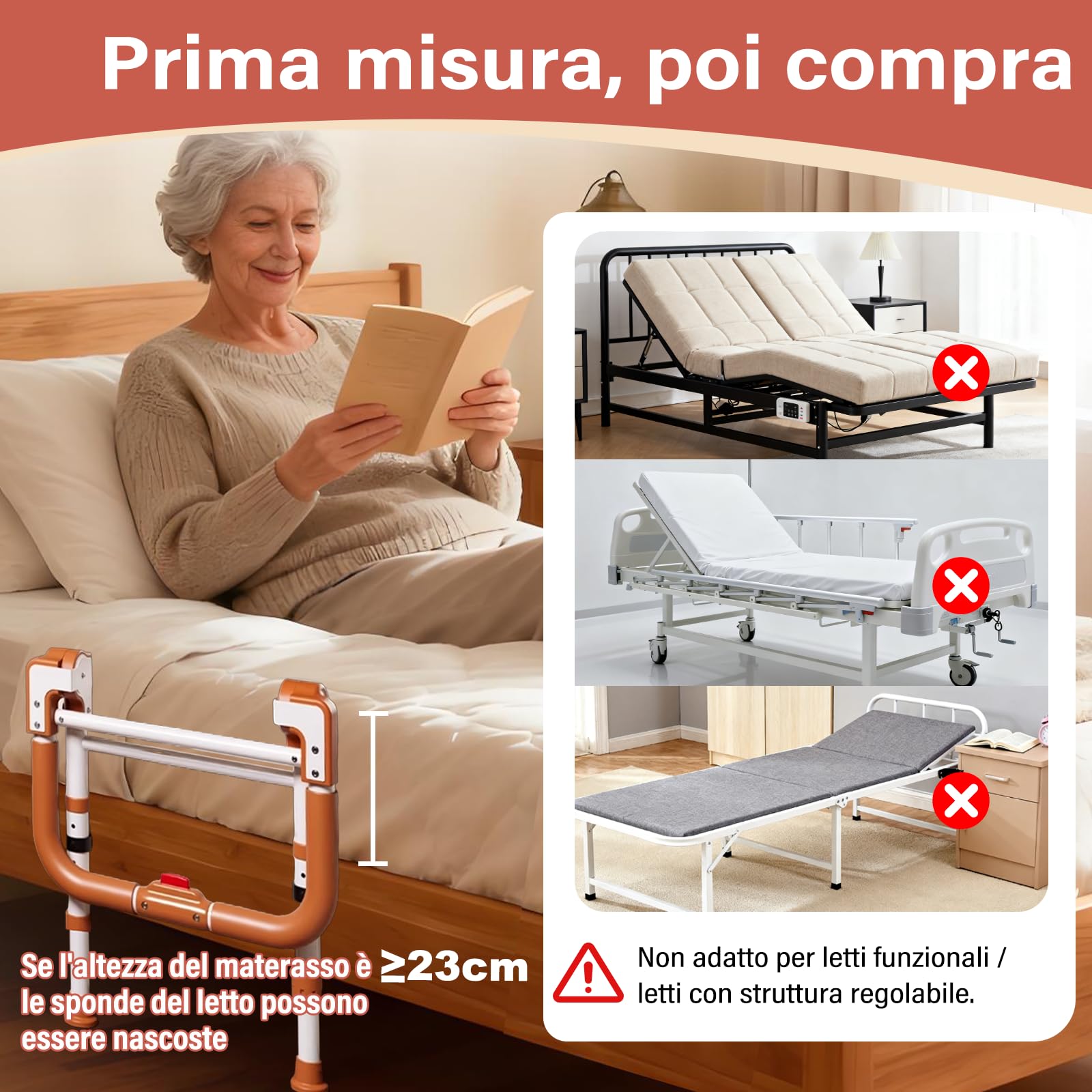 Ausili per Alzarsi dal Letto, Sponda Letto Anziani Pieghevole, con Tre Regolazioni in Altezza e una Tasca Portaoggetti, è Adatta ad Anziani, Persone con Mobilità Ridotta (Con piedini)