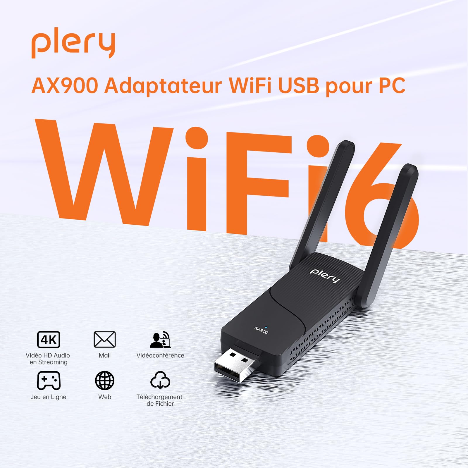 PLERY Clé WiFi 6 AX900 Adaptateur USB sans Fil pour PC Double Bande 5GHz 2.4GHz Bluetooth 5.3 Puissante Antenne à Gain Élevé Cryptage WPA3 Dongle Réseau Pilote Intégré Compatible avec Windows 11 10 - 3