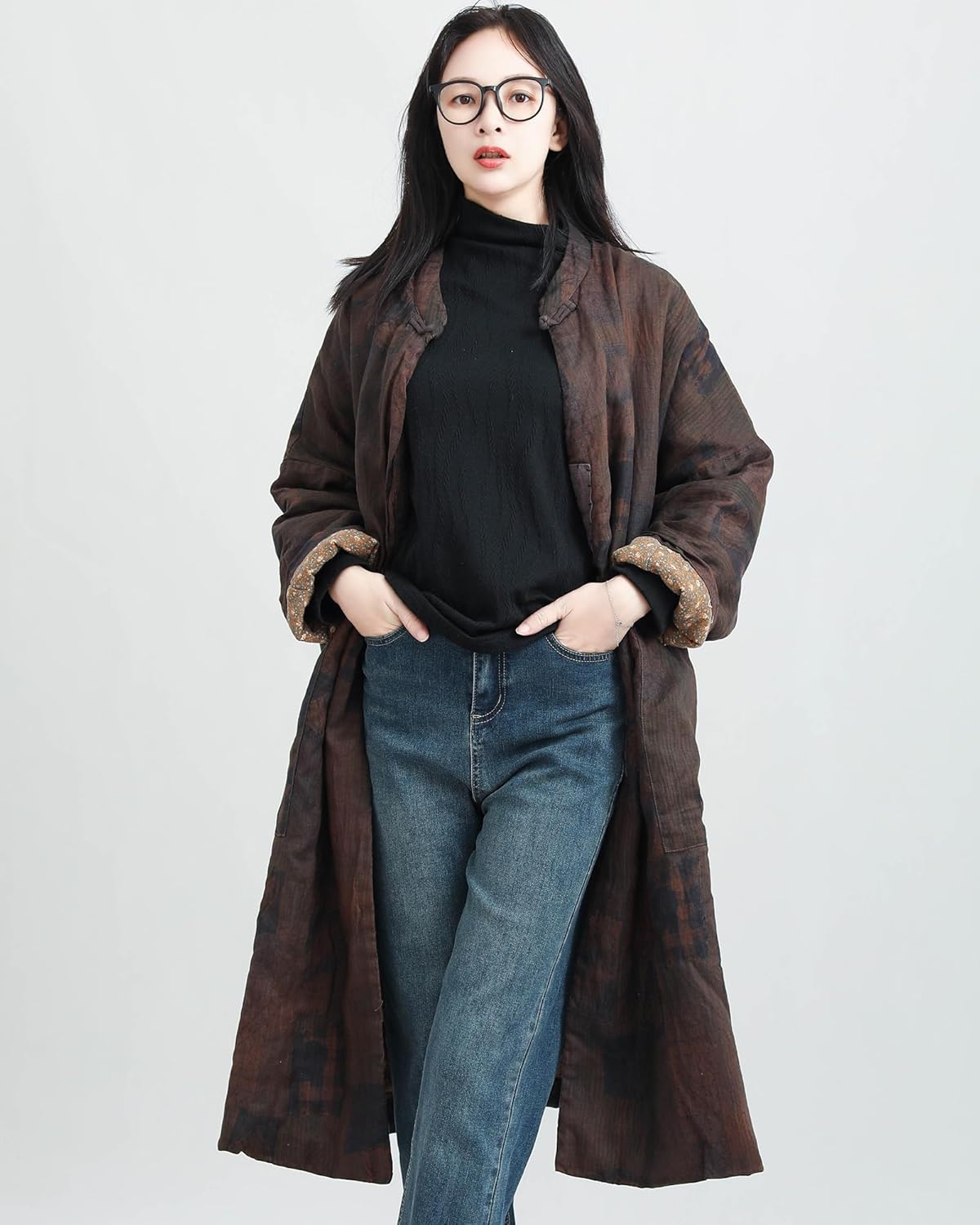 LUZU JUNU Women's Cotton Padded Floral Jacket Kimono Soft Quilted Flower Printed Long Loose Outwear Coats - Image 6