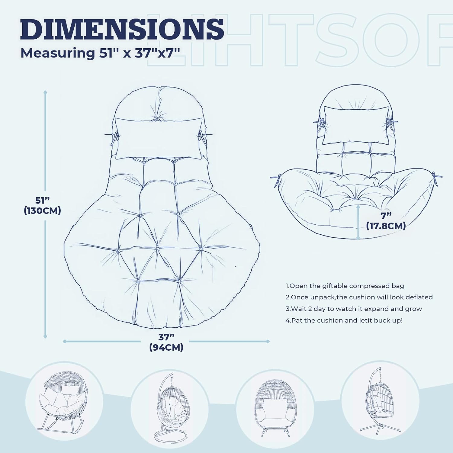 Outdoor egg Chair Cushion Replacement 51x37 Inch,Thicken Foldable Removable Waterproof Egg Chair Cushions with Headrest,Rocking Chair Cushions for Indoor Outdoor Patio Garden,Patio Swing Cushions,Bule