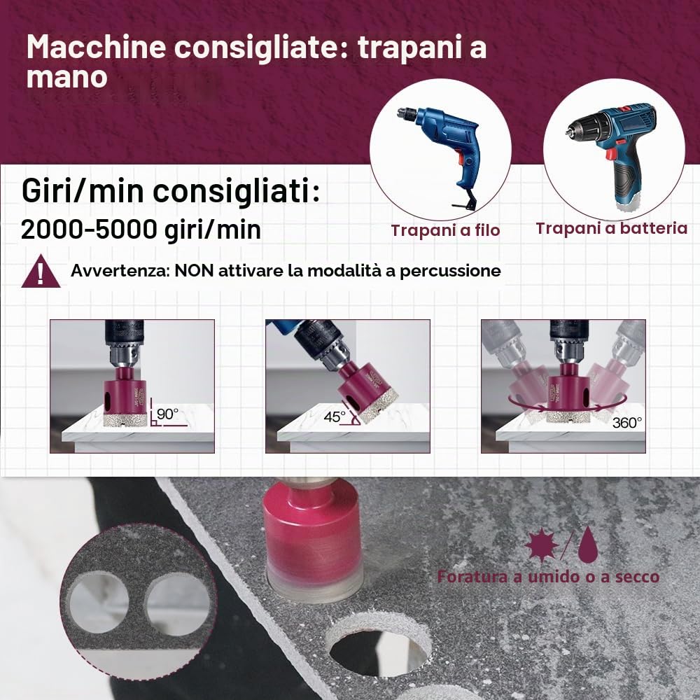 Punte Diamantate Gres Porcellanato 11 Pezzi - 6/8/10/20/25/28/32/35/45/50/65mm Punte Trapano per Porcellana Piastrelle Ceramica Marmo Granito, Gambo Triangolare