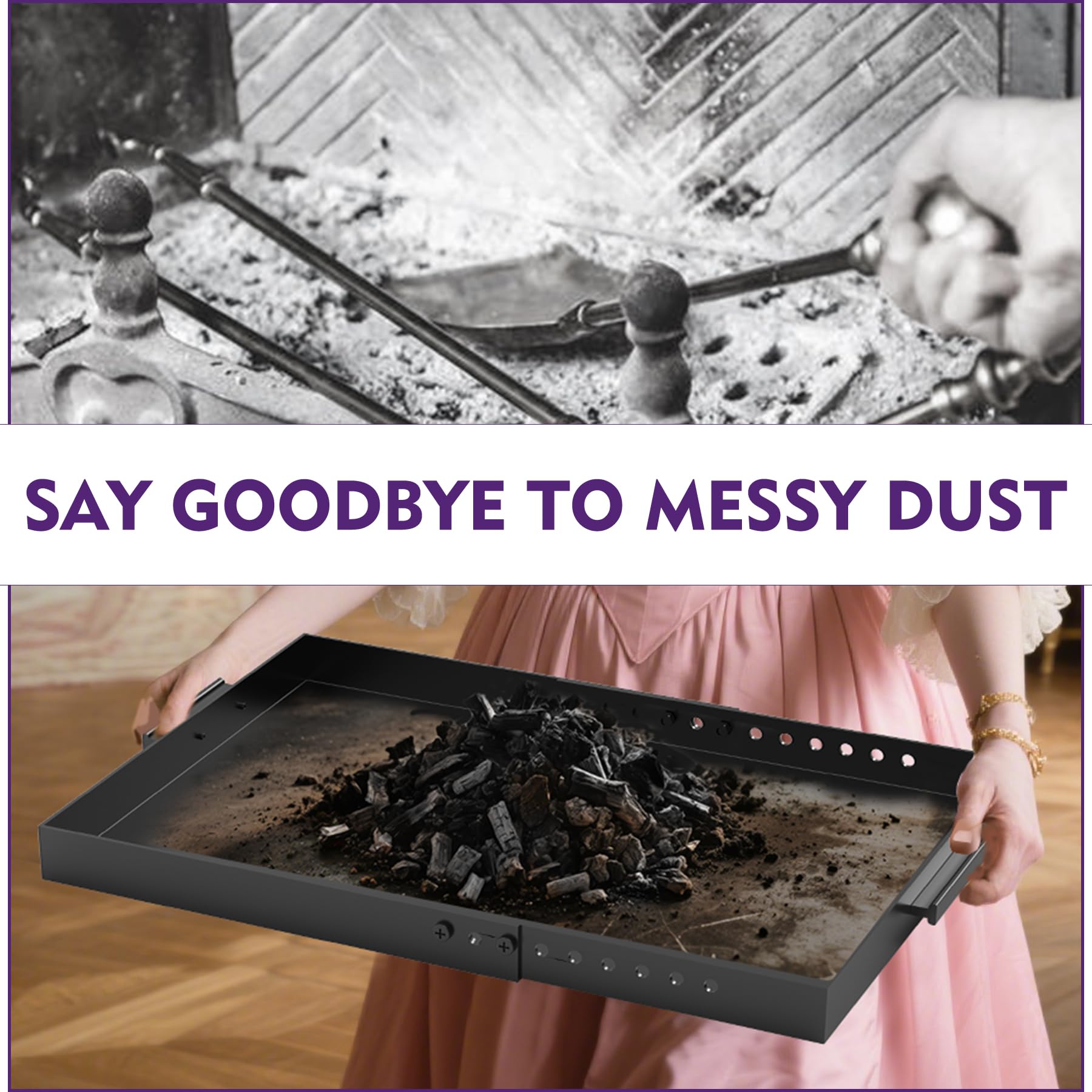 Mxclimate Vassoio per caminetto espandibile, cassetto per cenere regolabile in colore nero, per camino, in acciaio zincato, per la raccolta di frassini, rettangolare, 33 cm