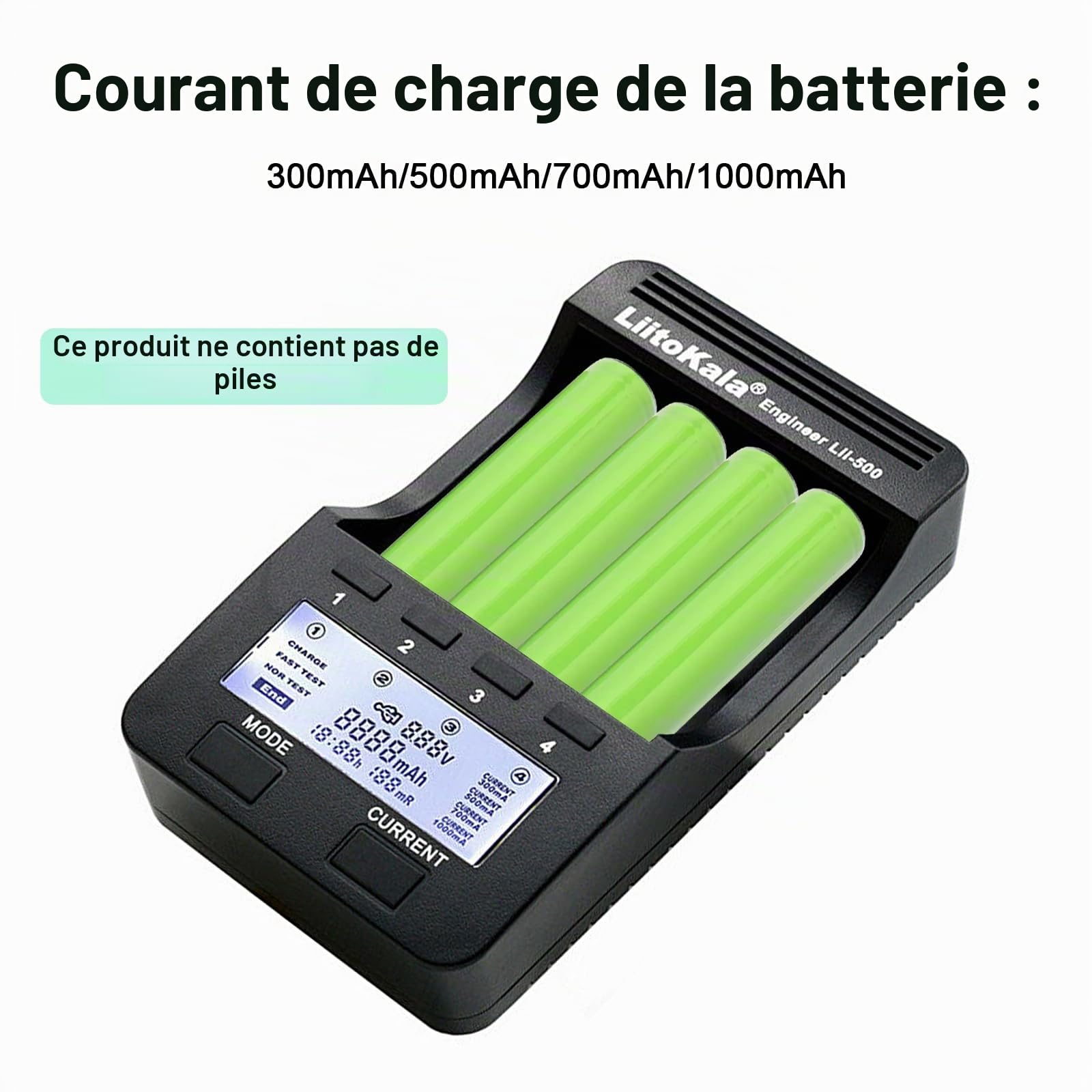 LiitoKala Lii-500 Chargeur de Batterie avec écran LCD, Sortie USB 5V Mobile, pour 26650 18650 14550 Li-Lion(4.2V) AA AAA Ni-MH(1.48V), Adaptateur d'alimentation 12V2A Dédié, 4 Emplacements