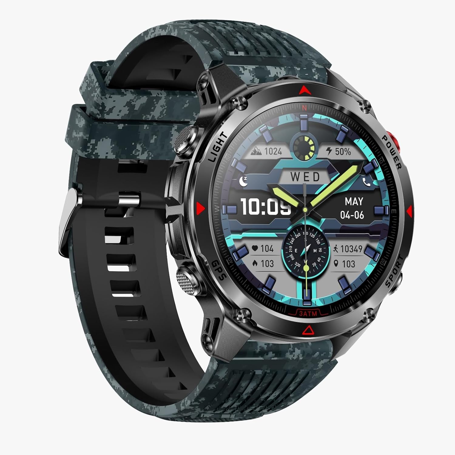 HT37 Smart Watch, Fitness Tracker with Heart Rate & Sleep Monitor, IP67 Waterproof Sports Smartwatch for Android & iOS Phones (Camouflage Blue)