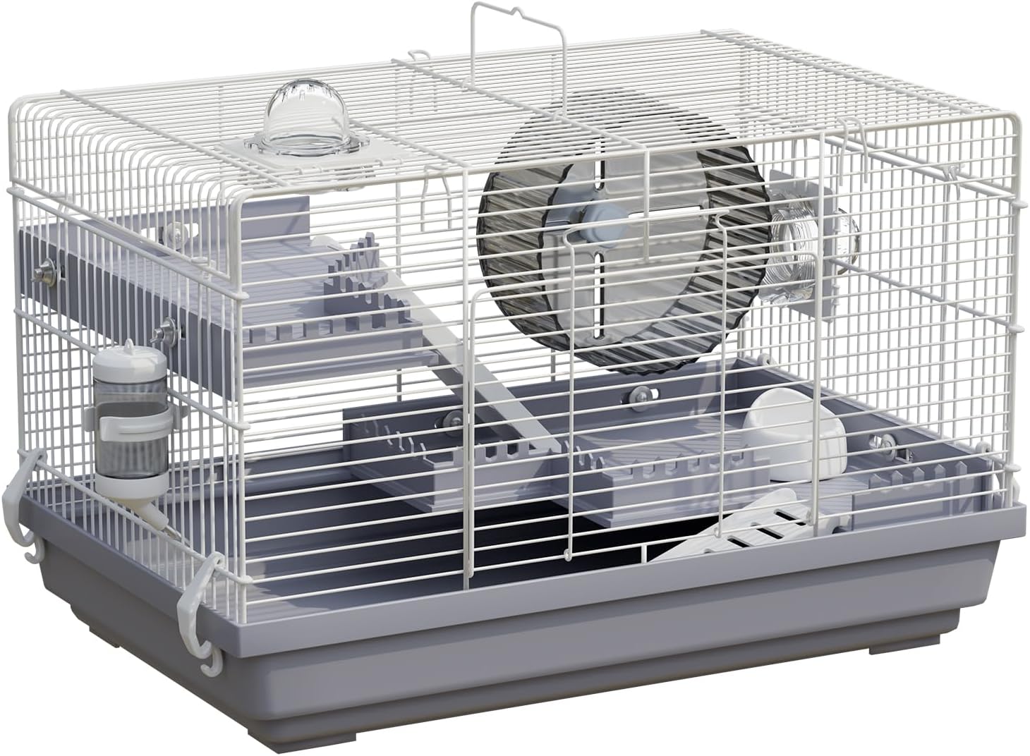 Small Hamster Cage Starter Kit 19”Lx12”Wx12”H for Dwarf Hamster & Robo Hamster with Multilevel Platforms, 2 Tube Ports, Exercise Wheel, Ladders, Water Bottle, Food Bowl, Gray