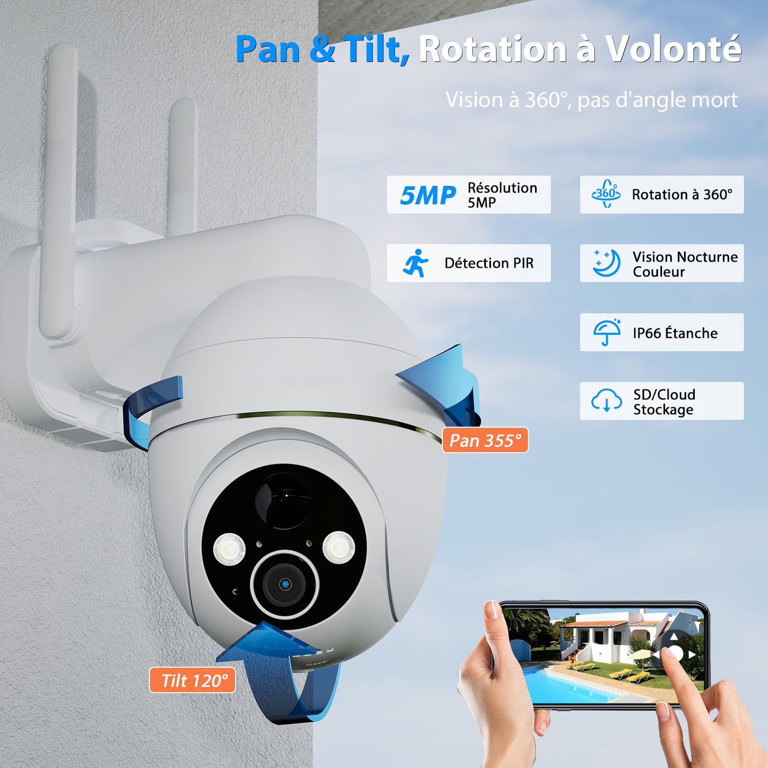 5MP Camera Surveillance WiFi Exterieure sans Fil Batterie - 2.4GHz Caméra de Surveillance, Autonomie du Panneau Solaire, 360° PTZ, Vision Nocturne Couleur, PIR Sirène (5MP)