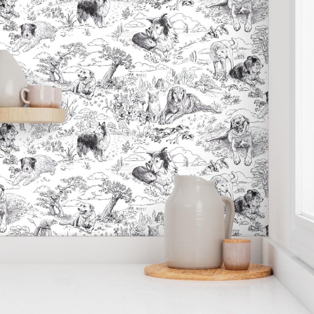 Spoonflower Peel & Stick Wallpaper 3ft x 2ft - Country Dogs Toile Black White Traditional Farmhouse Novelty Custom Removable Wallpaper