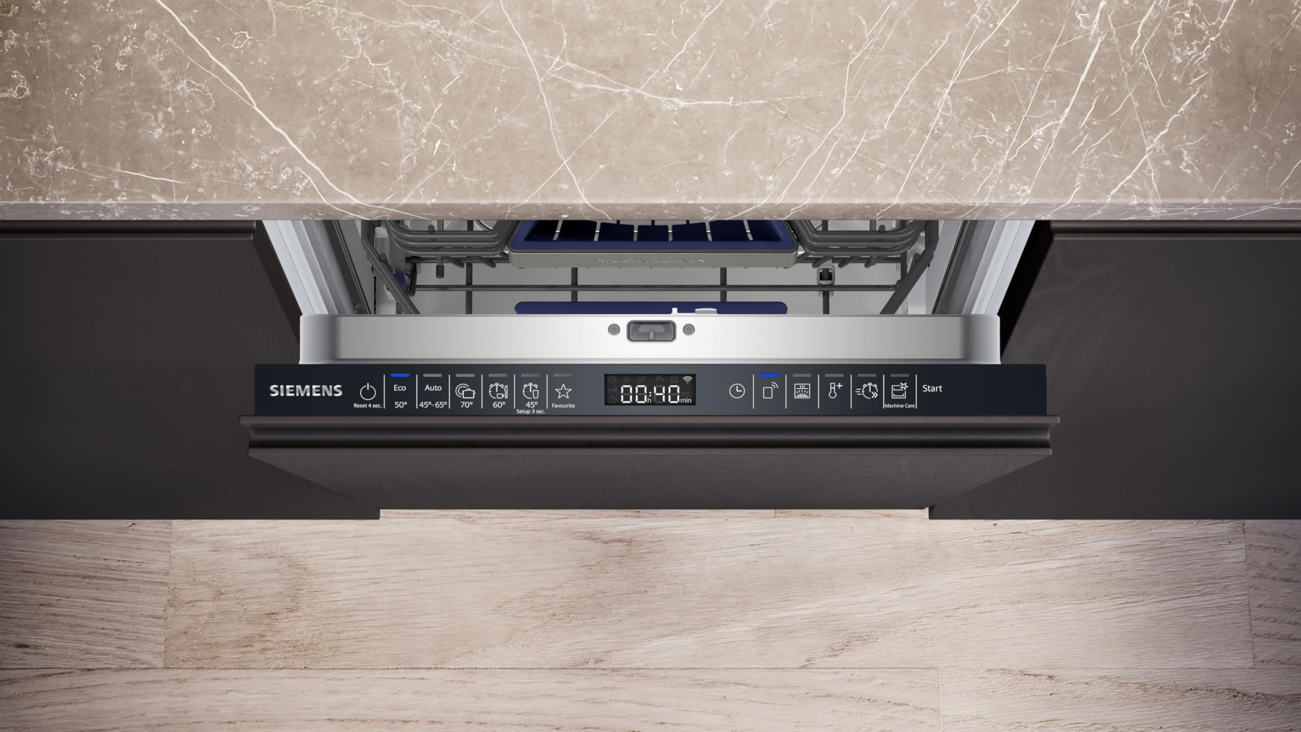 Siemens SR65EX09ME iQ500 Lavavajillas totalmente integrado, 45 cm, varioSpeed Plus, autoOpen dry, smartStart, sistema de cesta VarioFlex Pro, varioCajón, aquaStop, soporte para botellas, timeLight