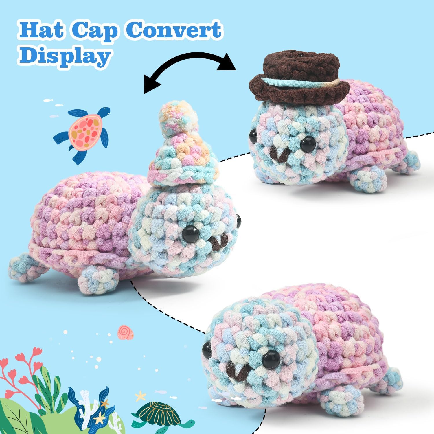 A crochet turtle displayed with two different interchangeable caps, demonstrating the customization options available with the kit.
