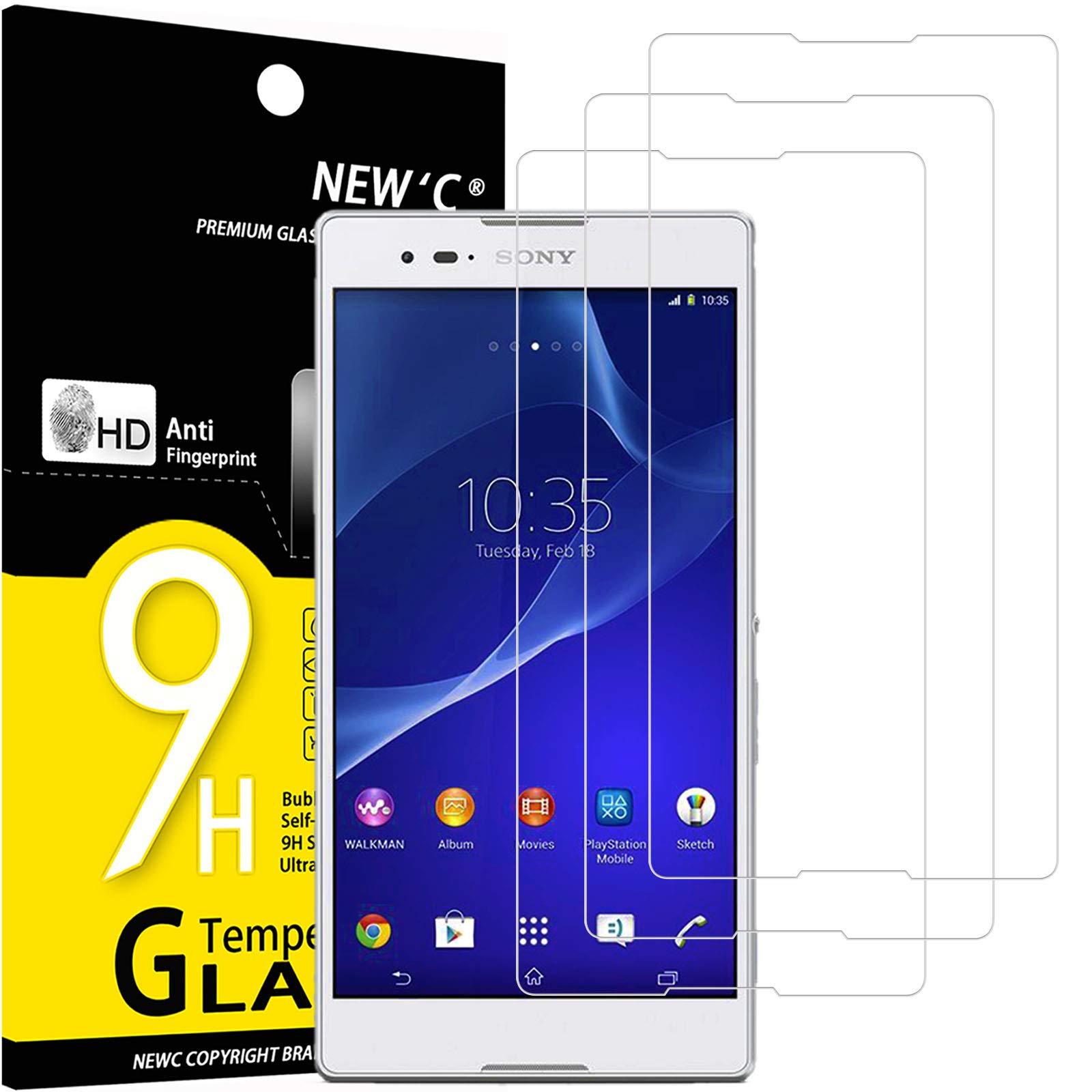 [3 Pack] NEW'C Designed for Sony Xperia T2 Screen Protector Tempered Glass, Anti Scratch, Bubble Free, Ultra Resistant