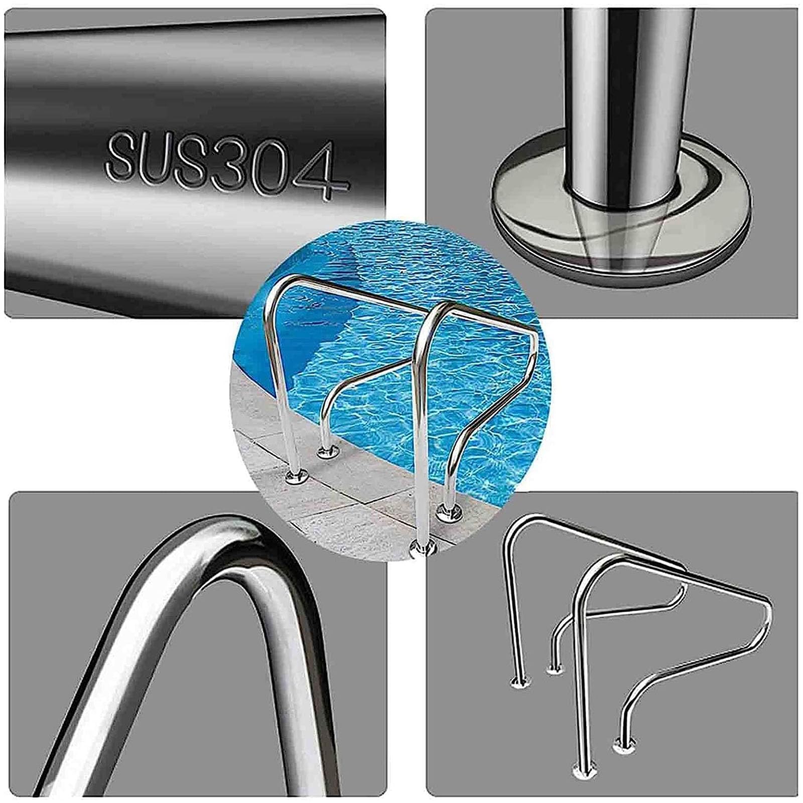 Barandillas de Piscina de Acero Inoxidable 304, Pasamanos de Seguridad Antideslizante para Entrada y Salida de Piscina