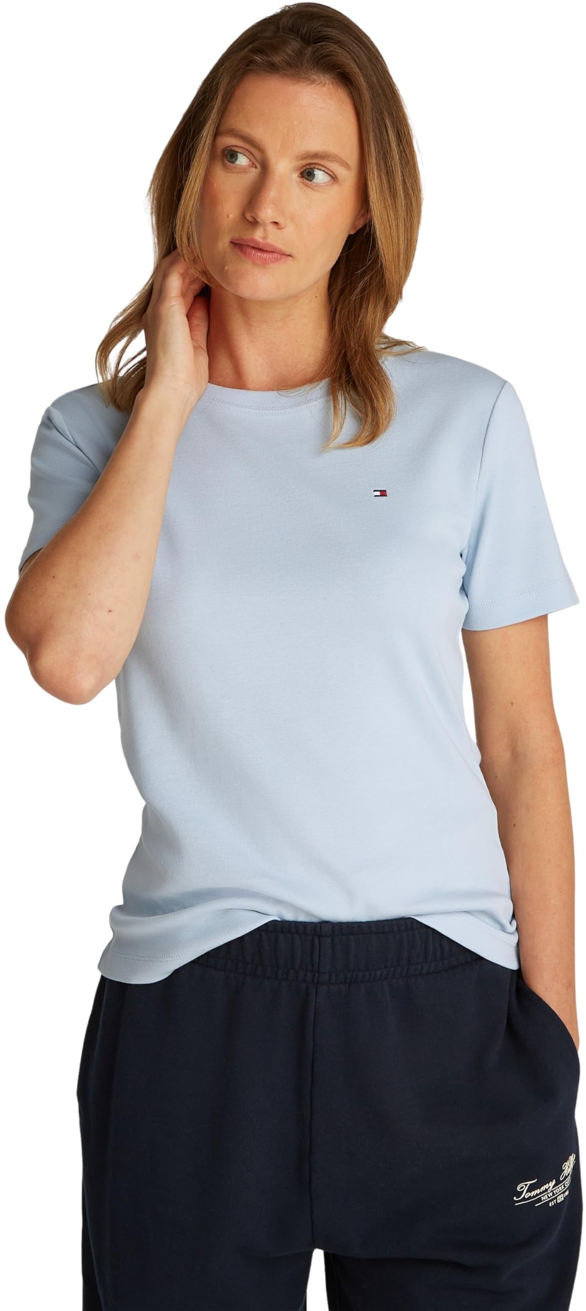Tommy Hilfiger Women’s Short Sleeve Round Neck Slim Cody T-Shirt, Blue (Breezy Blue), L