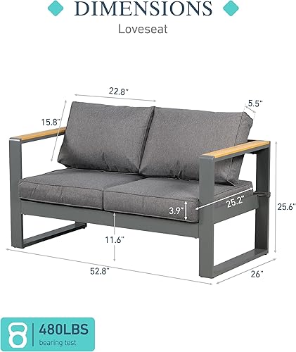 Miniatura 3 de BPS Muebles de patio, sofá biplaza de aluminio, asiento profundo, resistente a todo tipo de clima, juego de conversación al aire libre con cojines