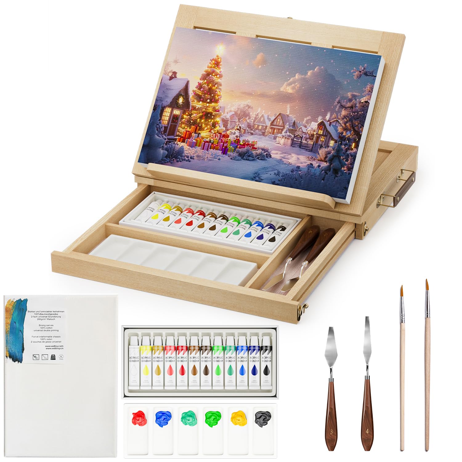 LUCYCAZ Tabletop Easel Set, Easel for Painting Canvases, Portable Wooden Art Easel Painting Kits for Adults Artist Kids, 12 Colors Acrylic Paints, 2 Brushes, Palette and Knives