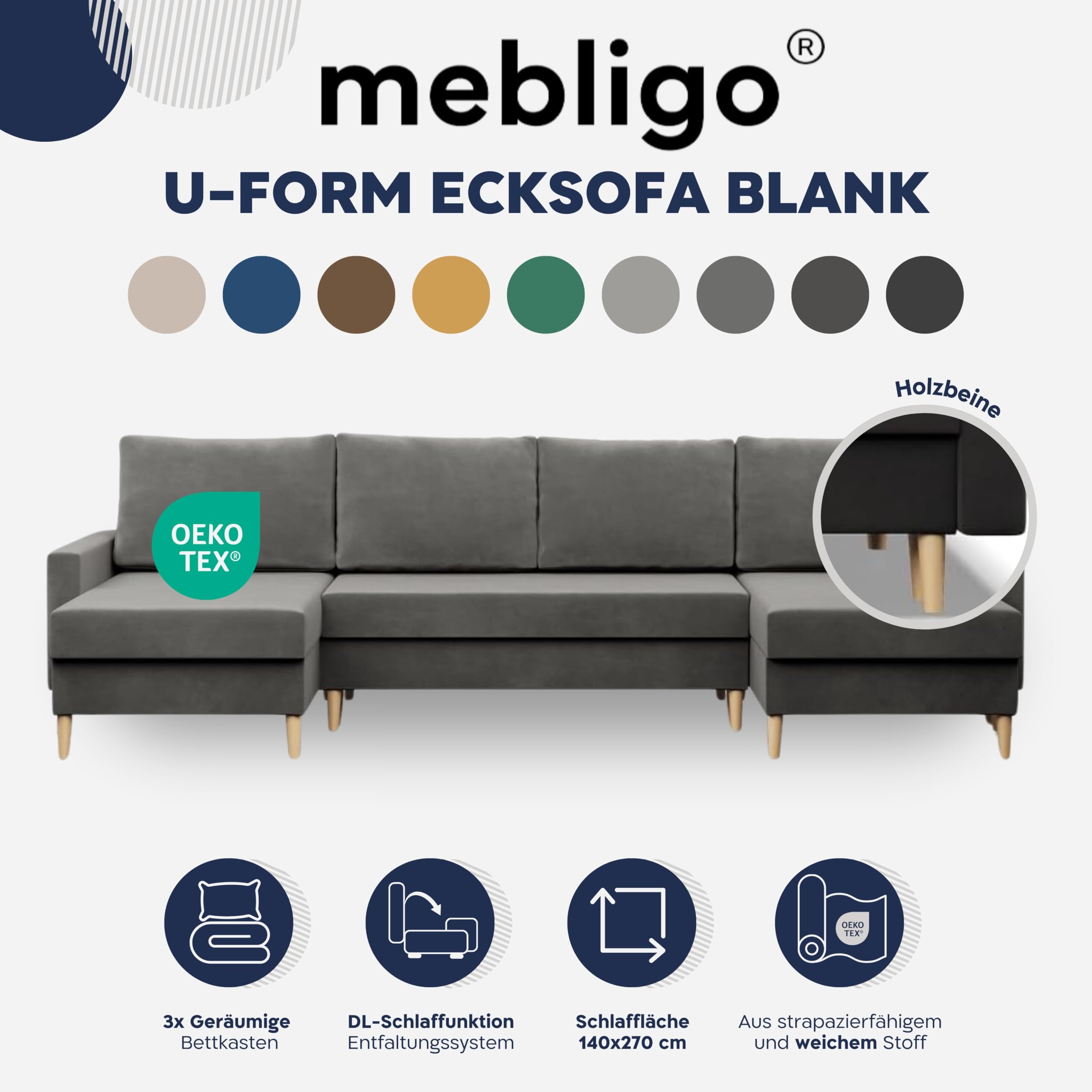 Mebligo - U-Förmige Ecksofa mit Schlaffunktion und Bettkasten BLANK, Couch U Form 294x88x140 cm, Klappsofa mit Schlaffunktion, Wohnzimmer Eckcouch mit Bettfunktion - Ecksofa Grau