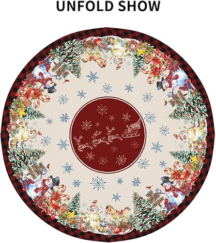 Miniatura 8 de Mantel redondo de Navidad de 60 pulgadas, árbol de Navidad, muñeco de nieve, pájaros, copos de nieve, ciervos, cuadros rojos, mantel decorativo de